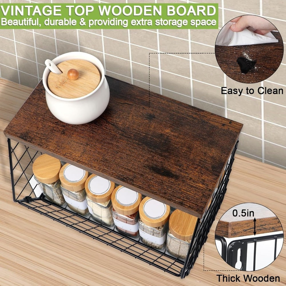 Wall-Mounted Fruit Basket with Wooden Cover - 2-Tier Metal Kitchen Storage Basket with Hooks, Stackable Hanging Organizer for Potatoes Onions Vegetables