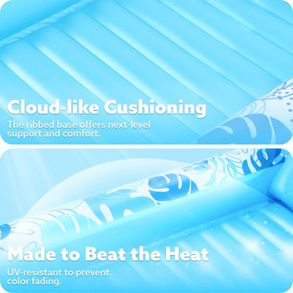 70 x 46-Inch Inflatable Pool Float Tanning Bed in Blue with Open Center, Ribbed Base and Raised Pillow