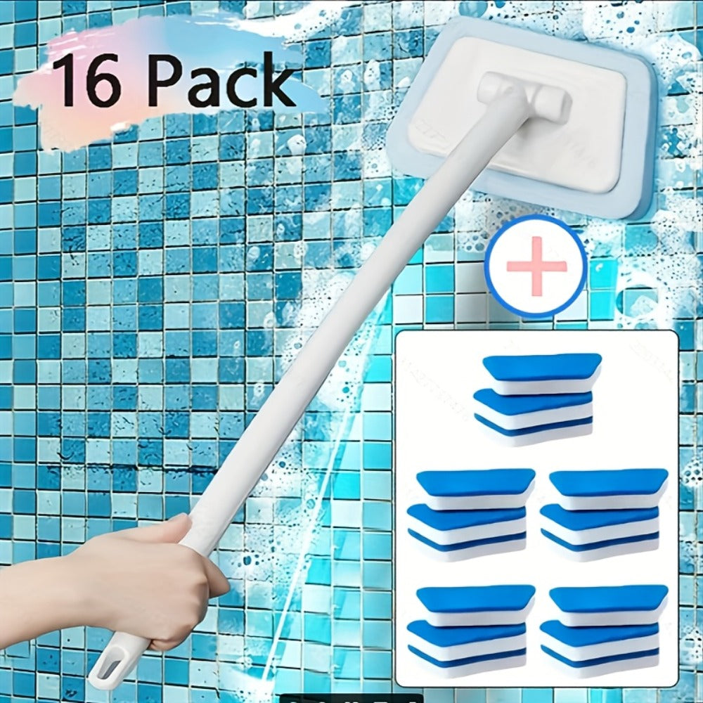 Long Handle Sponge Brush Set with Replaceable Heads for Kitchen Bathroom Tile Bathtub Cleaning – 1 Handle + 6/10/15 Brush Heads, Thickened Durable Scrubber