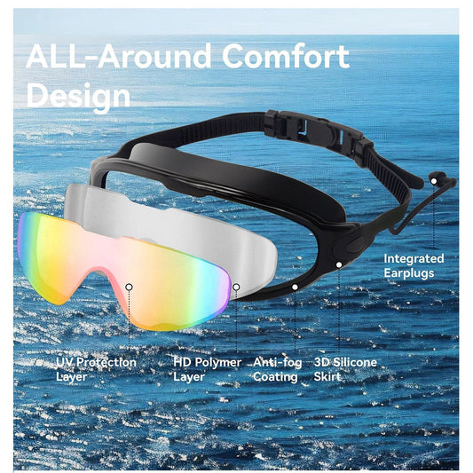 Anti-Fog Swim Goggles 2-Pack with Earplugs Nose Clip & Case, Wide Lens Leakproof