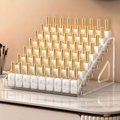 Four-Tier Transparent Nail Polish Organizer with Stepped Rows, Side Panels and Countertop Display Design