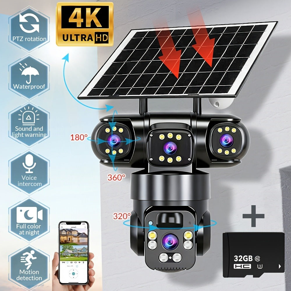 Security Camera 4K Triple-Lens Solar PTZ Model with 10X Zoom, 8000mAh Battery and 32GB Bundle Option