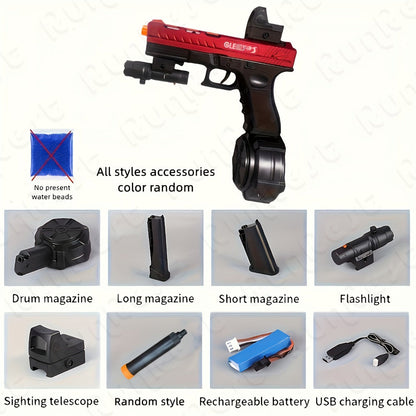 Compact Red-and-Black Electric Gel Blaster Set with Drum, Two Magazines, Sight, Goggles and USB Cable