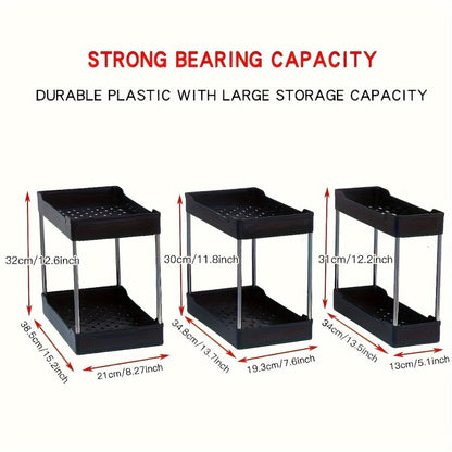 Three-Pack Under-Sink Storage Organizer Set with Two-Tier Racks in Graduated Sizes and Black or White Finish