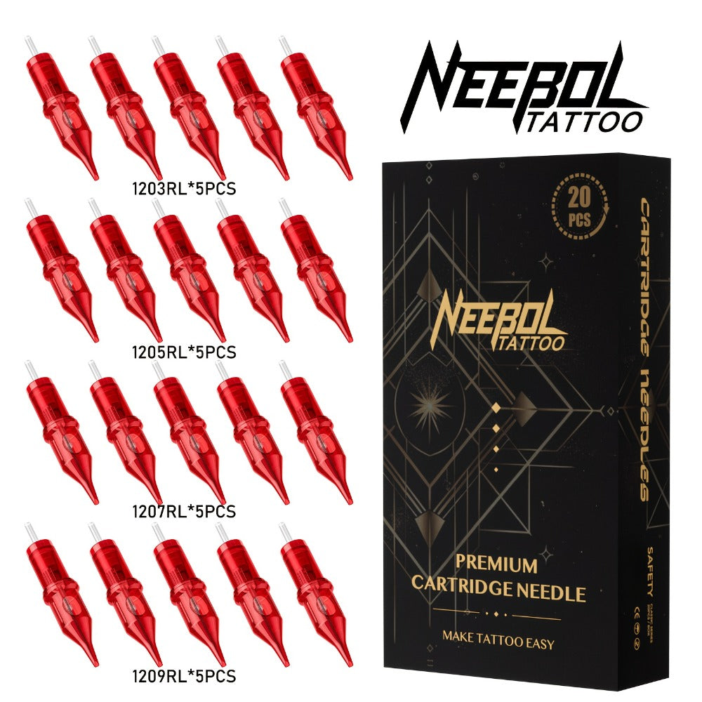 Tattoo Cartridge Needles with Neebol Label, 20 or 50-Piece #10 #12 Round Liner and RM Choices