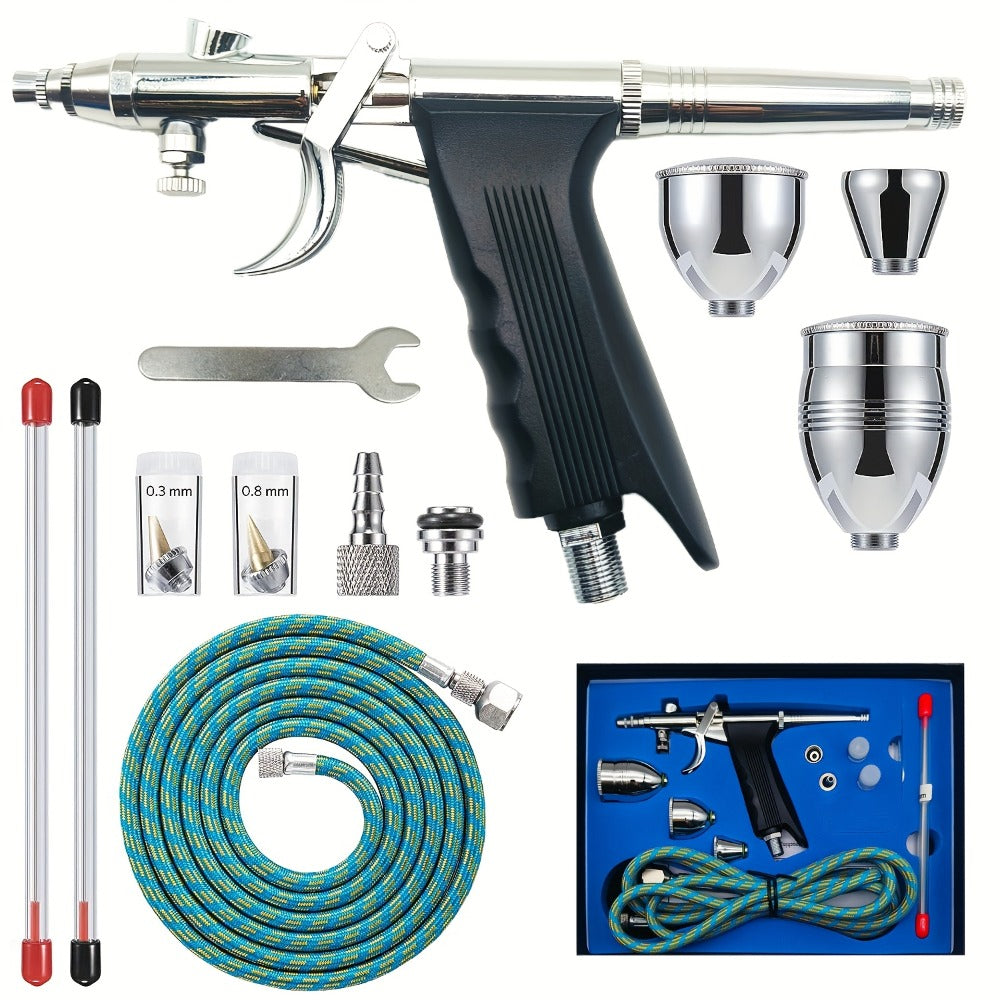 Double-Action Trigger Airbrush Kit with 0.3, 0.5 and 0.8 mm Nozzles, Three Cups and Pictured 6 ft Hose