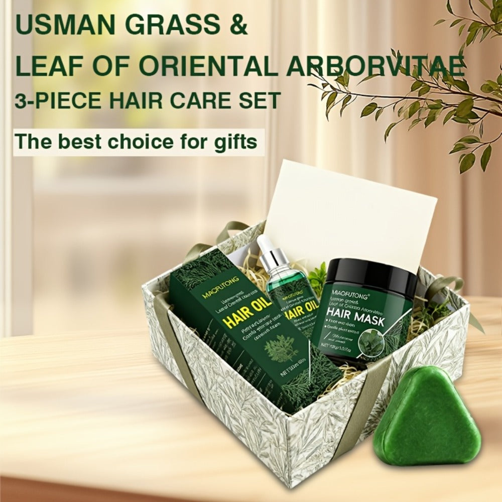 Three-Piece Usman Grass Hair Care Kit with 120g Triangular Shampoo Bar, Oil and Mask Formats