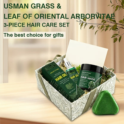 Three-Piece Usman Grass Hair Care Kit with 120g Triangular Shampoo Bar, Oil and Mask Formats
