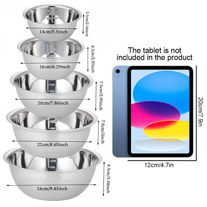 Stainless Steel Mixing Bowl Set 5-Pack with Measurement Markings for Kitchen Cooking Baking Salad Vegetable Washing Fruit Serving & Meal Prep – Stackable Nesting Bowls