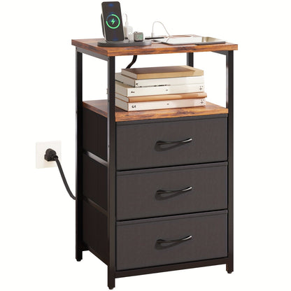 Nightstand Three Fabric Drawers with Charging Station, Open Shelf and Optional LED Configuration