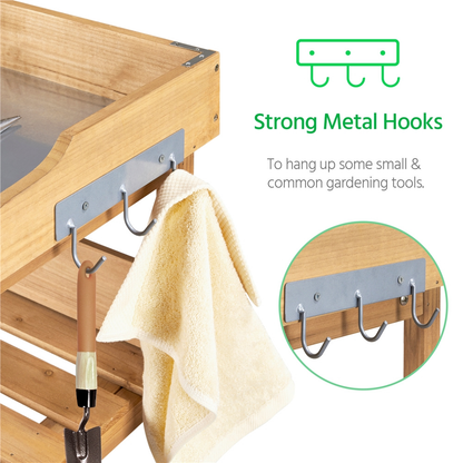 Rolling Potting Bench 3-Tier Wooden Garden Workstation Waist-High Galvanized Metal Top Lockable Casters Side Hooks Shelves for Outdoor Patio Gardening Storage
