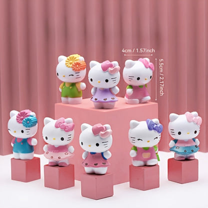 KT Cat Mini Figurine Set 8pcs | Cute Anime Desktop Ornaments Collectible Dolls | Car Dashboard Home Office Decor Gift for Birthday Valentine's Day Halloween Christmas