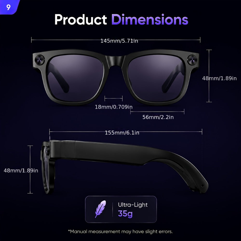 Smart Glasses 2MP Camera Eyewear with 100+ Language Translation, Bluetooth Calls and Black or Clear Lenses