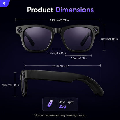 Smart Glasses 2MP Camera Eyewear with 100+ Language Translation, Bluetooth Calls and Black or Clear Lenses