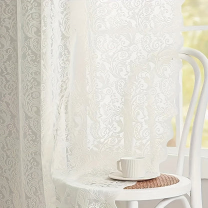 Sheer Curtain Rod Pocket Floral Lace Semi-Sheer Window Panel for Living Room Bedroom Kitchen Bathroom, 100% Polyester, Machine Washable, White Light Green Coffee