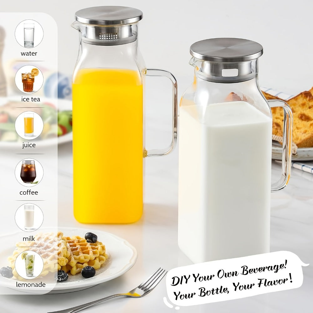 Glass Pitcher with Lid & Handle 2L 68oz, Square Borosilicate Water Jug, Heat Resistant Carafe for Fridge
