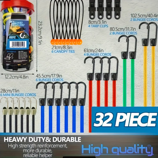 Bungee Cord Set 32 Pack Heavy Duty - Elastic Tie Down Cords in 10 18 24 40 Inch Lengths, 4 Sunshade Clips & 6 Ball Bungees, Mixed Color Outdoor Cargo Strapping Kit