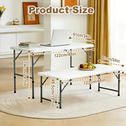 Folding Table 4ft and 6ft White Plastic Top with Black Metal Legs, Carry Handle and Adjustable Height