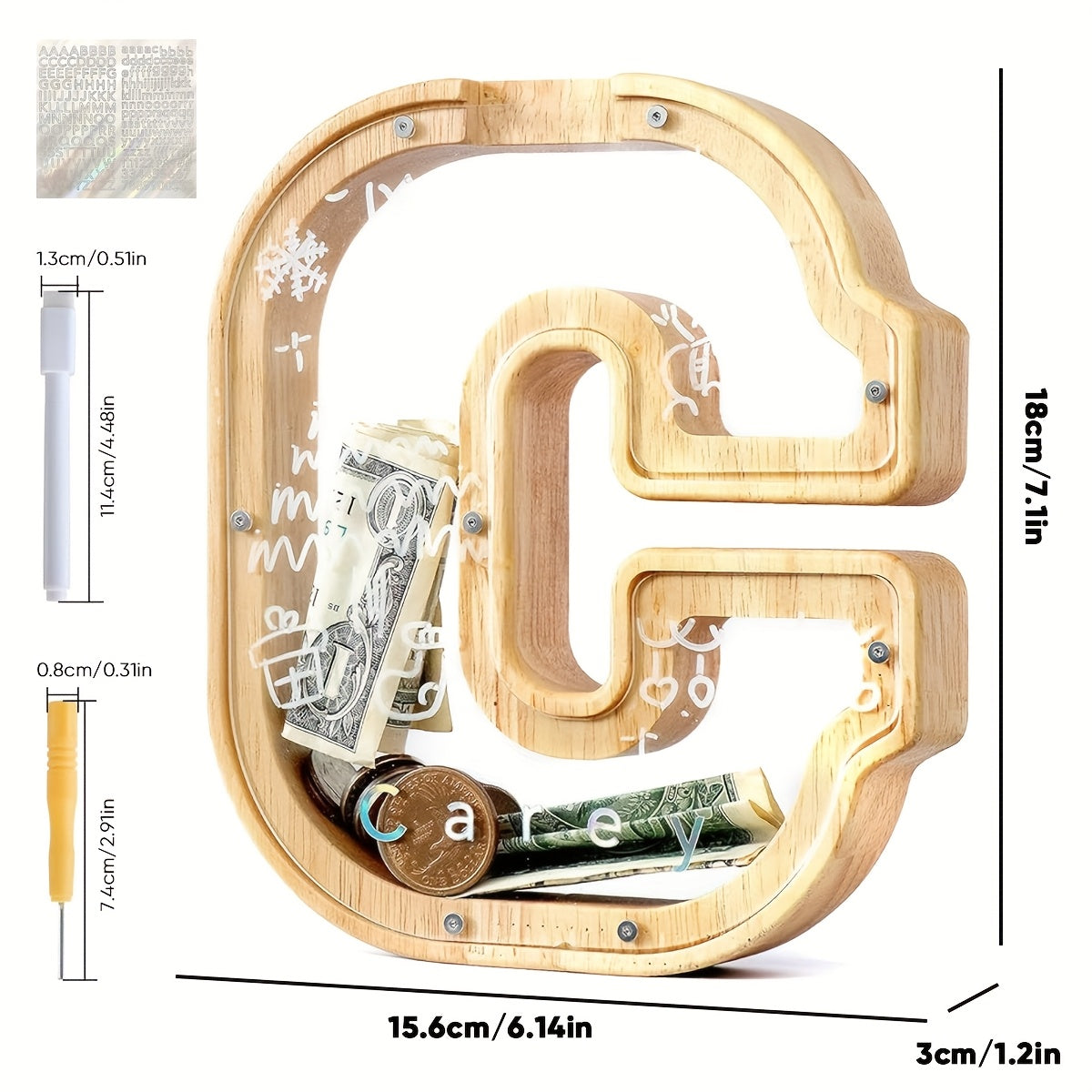 Alphabet Wooden Money Bank with Clear Front Panel, Coin Slot and A-to-Z Letter Options for Adults