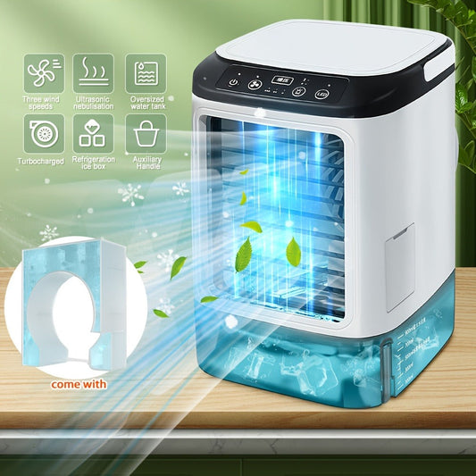 Portable Air Cooler Fan USB Humidifier with Rainbow Ambient Light, 3-Speed Atomization Misting Fan with Large Ice Box and Low Noise, Personal Desktop Cooling Fan Gift for Home, Office and Bedroom