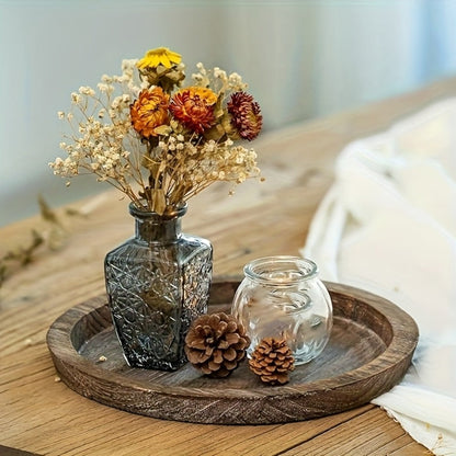 Round Wave-Edge Decorative Tray in White Wood Grain, Charcoal or Washed White for Coffee Table Displays