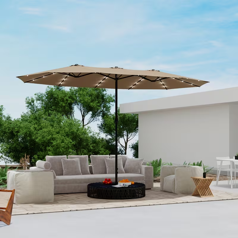Large Patio Umbrella 15FT Double-Sided Rectangular with LED & Base