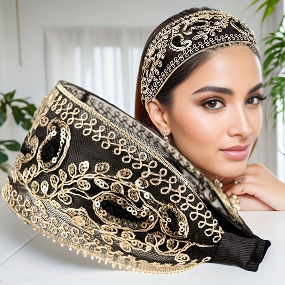 Lace Sequin Flower Headbands for Women 2pcs Wide Non-Slip Boho Retro Embroidered Hair Hoops for Daily Wear Spring Summer Wedding Party Chic Hair Accessories Gift Set Black Coffee Red Green