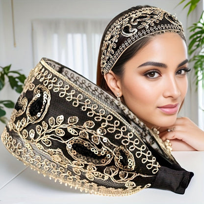 Lace Sequin Flower Headbands for Women 2pcs Wide Non-Slip Boho Retro Embroidered Hair Hoops for Daily Wear Spring Summer Wedding Party Chic Hair Accessories Gift Set Black Coffee Red Green