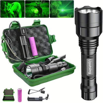 Night Hunting Flashlight with Remote Control Switch – 350 Yards High Power Green Red White Light, 18650 Rechargeable, Multiple Mounts for Hunting, Fishing, Camping & Beekeeping, Best Gift for Men