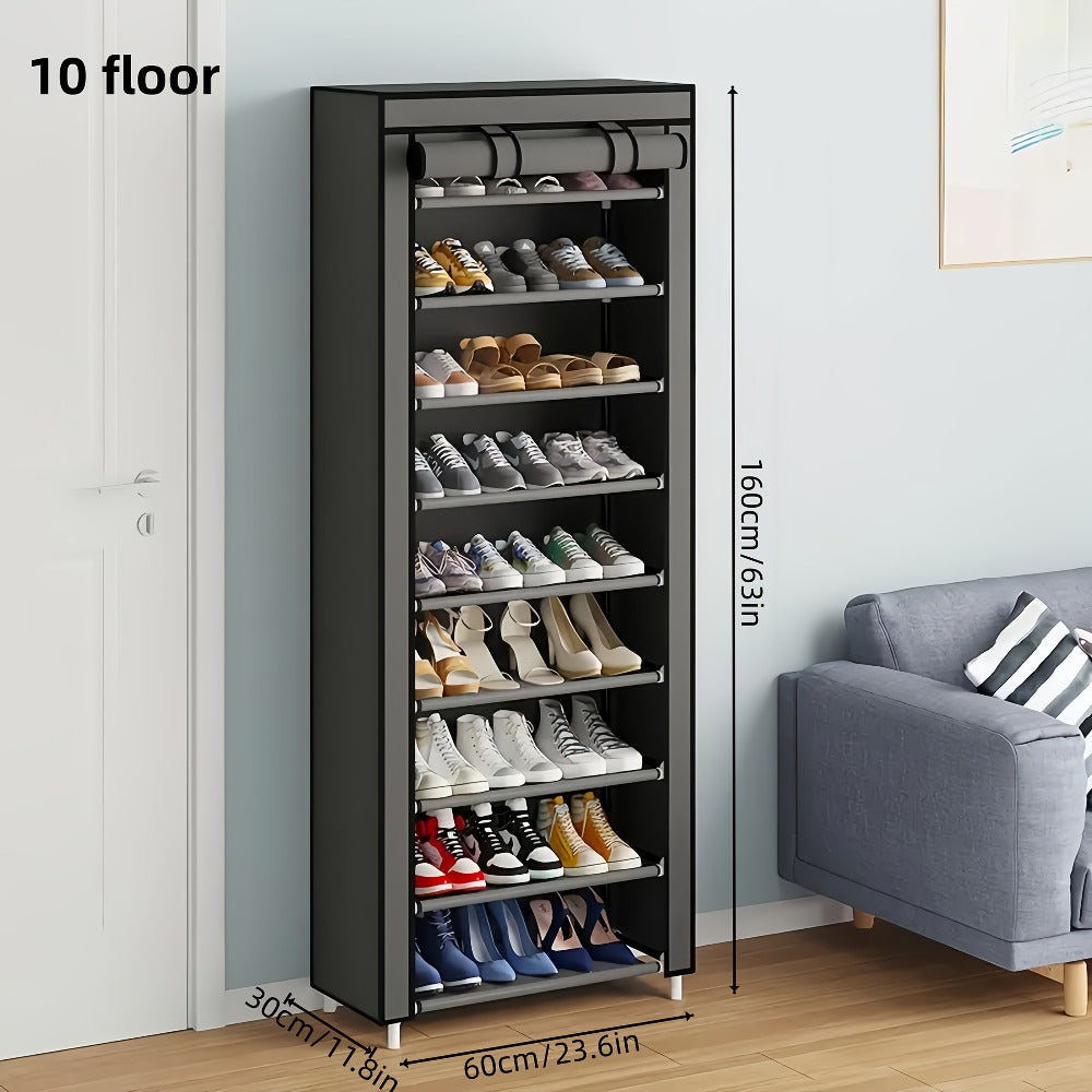 Shoe Rack with Dust Cover – 6/8/10 Tier High-Capacity Space Saving Shoe Organizer, Easy Assembly, 12mm Pipe, Entryway Closet & Wardrobe Storage Rack