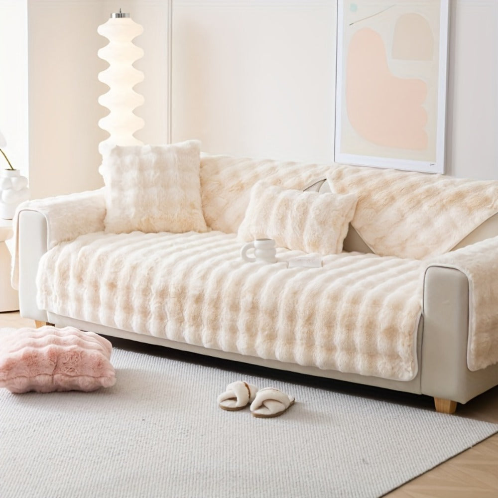 Sofa Cover Thick Faux Rabbit Plush Panels with Anti-Slip Feature for Seat, Armrest, Backrest or Pillowcase