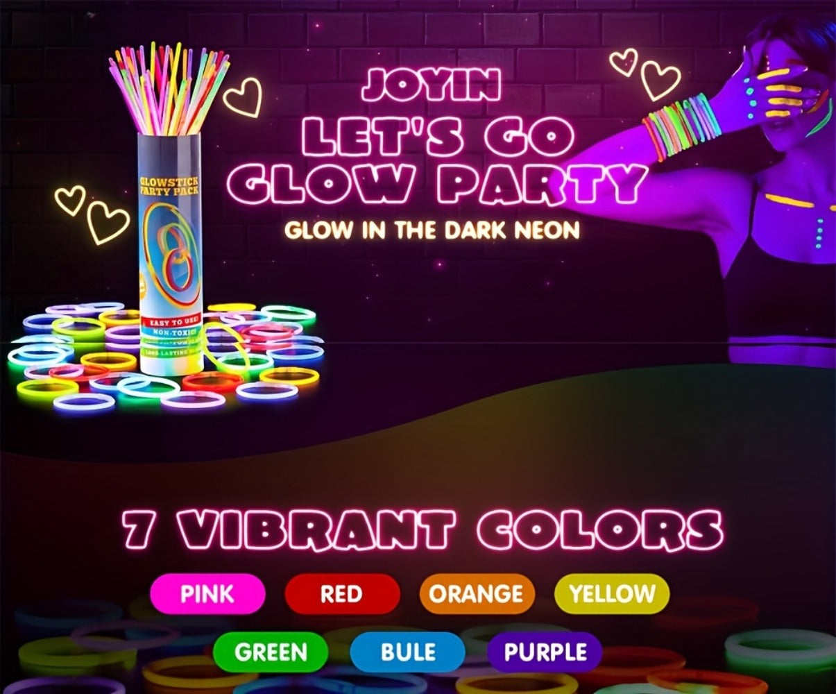 144-Piece 8-Inch Glow Stick Party Pack in Seven Pictured Colors with Bracelet and Necklace Connectors