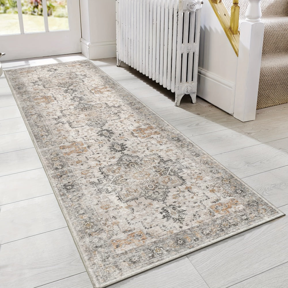 Area Rug Vintage Chenille Print in Light Taupe Brown with Eight Runner and Room Size Options