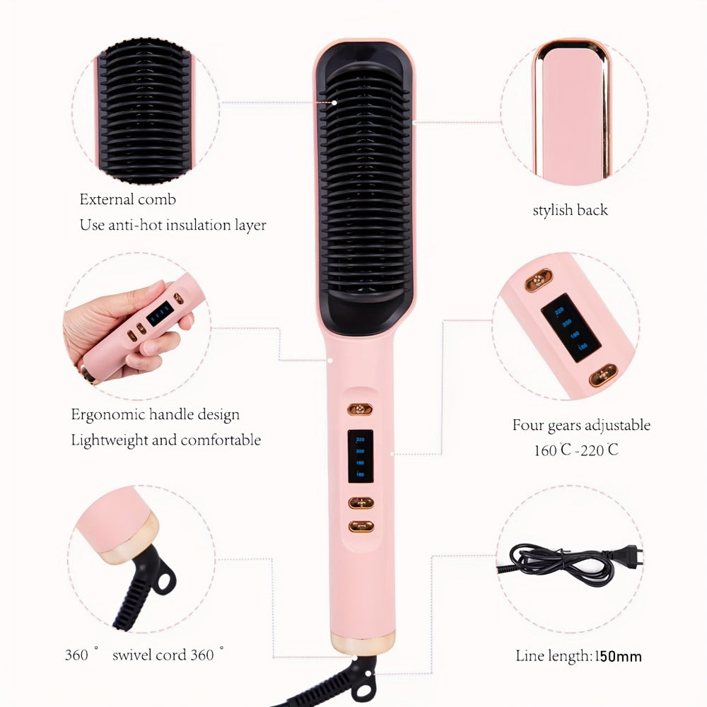 Four-Color Electric Hair Straightener Brush with Digital Display, Temperature Buttons and 10.6-Inch Body