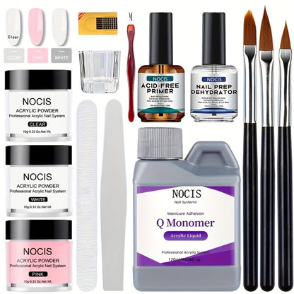 Acrylic Nail Kit NOCIS Three 10g Powders with Q Monomer, Primer, Brush Cleaner, Four Brushes and Mixing Cup