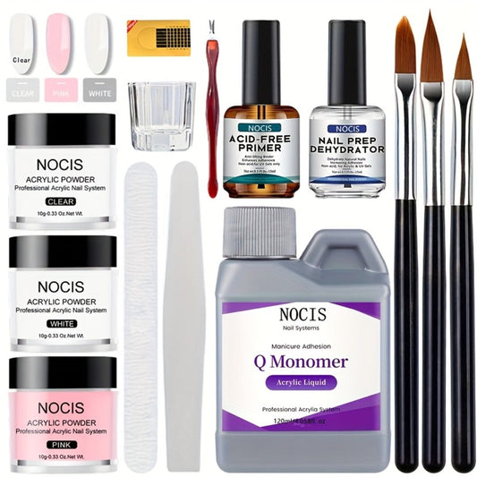Odorless Acrylic Nail Powder Kit 3 Crystal Colors 10g with Monomer Liquid Nail Brush Forms & Dappen Dish – Complete Beginner Salon Manicure Gift Set for Nail Extensions