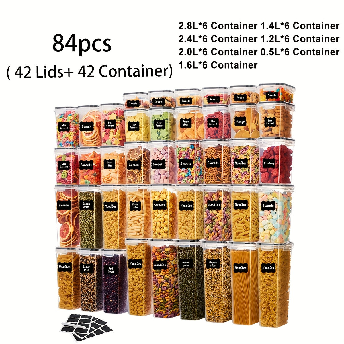 Airtight Food Storage Containers with Lids BPA Free Plastic Kitchen Pantry Organizer Set for Rice Cereal Pasta Flour Sugar Spaghetti - 6 14 18 30 48 60 84pcs Flip Top Seal Canister Set