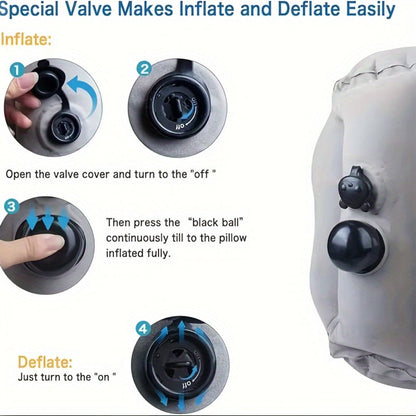 Grey Inflatable Forward-Leaning Travel Pillow with Face Opening, Arm Access, Carry Case and 37 × 32 × 26 cm Label