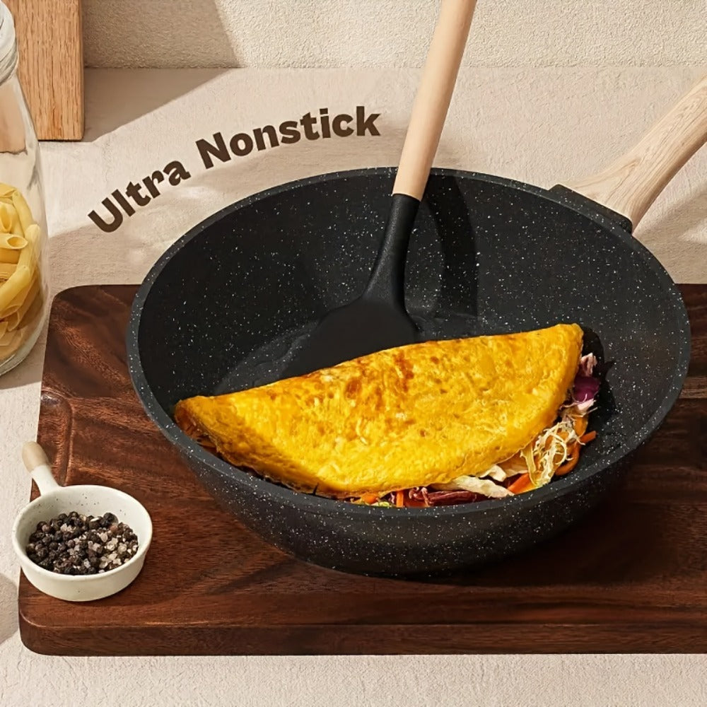 Black or White Nonstick Cookware Set with Frying Pans, Lidded Pots and Wood-Look Handles for Home Kitchens