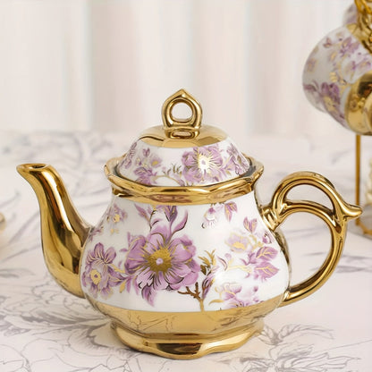 Twenty-Piece Floral Ceramic Tea Set with 15-Ounce Teapot, Six Cups, Saucers, Spoons and Metal Rack
