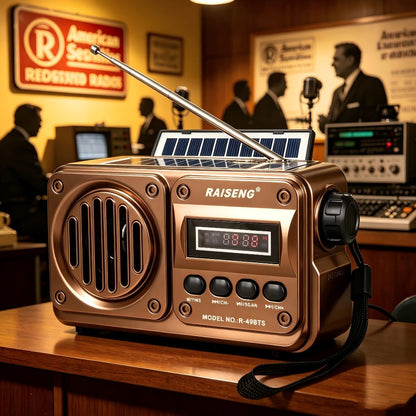 Retro FM Radio Speaker with Solar Panel, Bluetooth, USB and TF Card Playback in Black or Brown