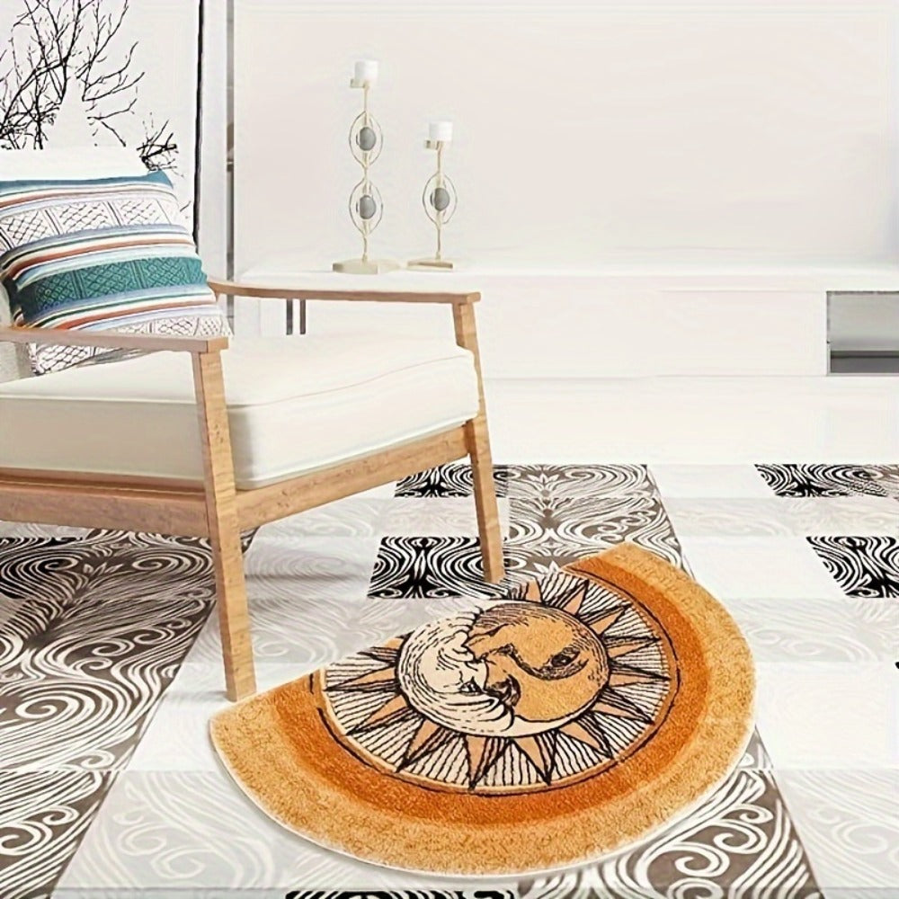 Celestial Sun and Moon Door Mat with Half-Round Shape, Warm Gold and Brown Artwork, 28 x 20 Inches