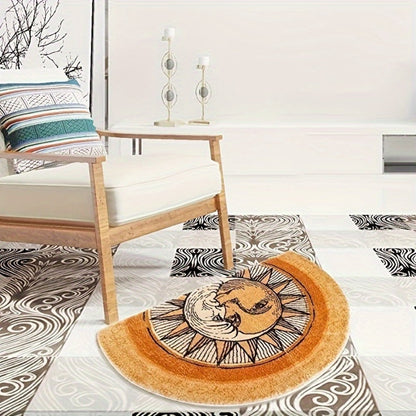 Celestial Sun and Moon Door Mat with Half-Round Shape, Warm Gold and Brown Artwork, 28 x 20 Inches