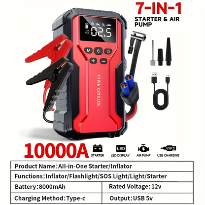 10000A Car Jump Starter with 12V Clamps, LED Light and Optional Integrated Air Pump in Red, Green or Gray
