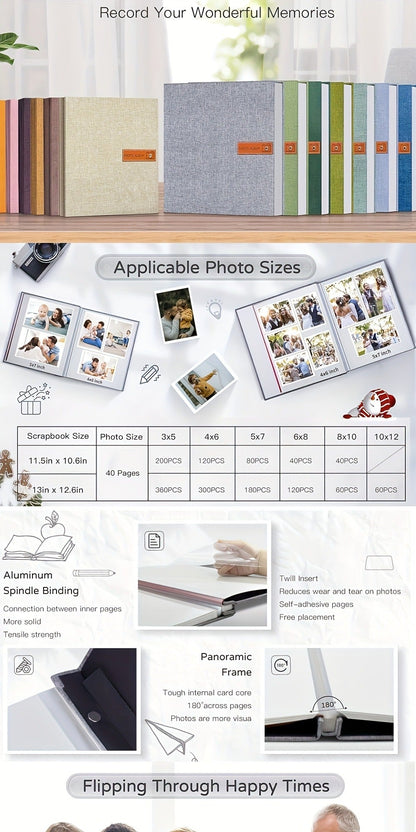 Self-Adhesive Linen Photo Album with 40- or 60-Page Options, Two Cover Sizes, Metal Pen and 12 Colors