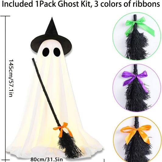 Halloween Ghost with Broom Outdoor Decoration – Eerie Spooky Ghost Ornament for Porch, Yard, Garden & Lawn, Indoor & Outdoor Halloween Party Decor