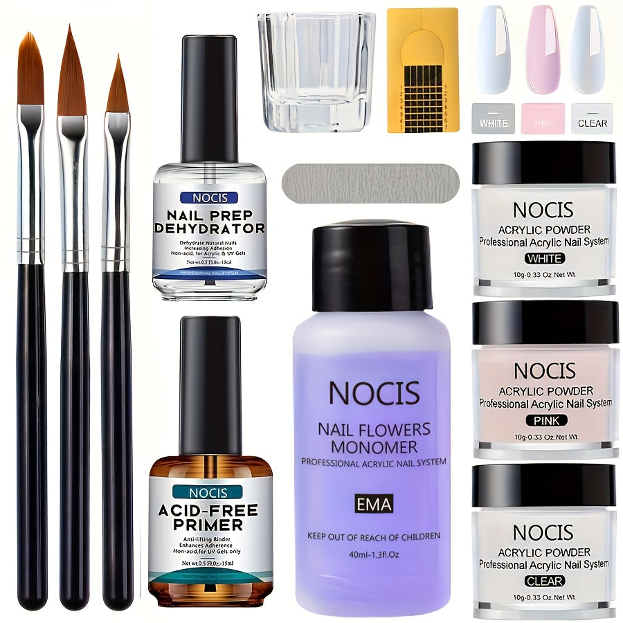 Acrylic Nail Kit NOCIS Clear, Pink and White Powders with Q Monomer, Primer, Brush Cleaner and Four Brushes