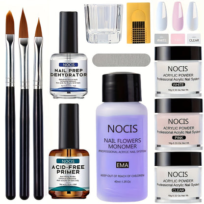 Acrylic Nail Kit NOCIS Clear, Pink and White Powders with Q Monomer, Primer, Brush Cleaner and Four Brushes