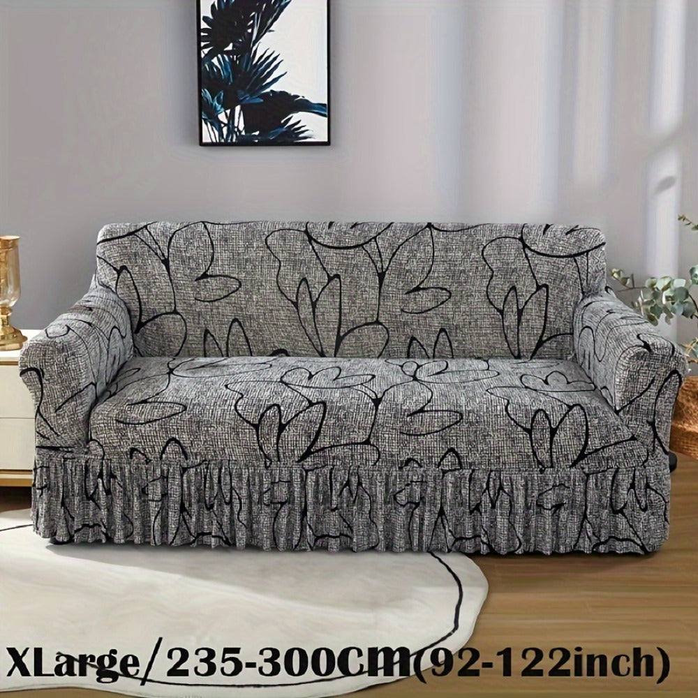 Sofa Cover Gray Printed Skirt Slipcover with Elastic Stretch Fit for 1, 2, 3 or 4-Seater Sofas