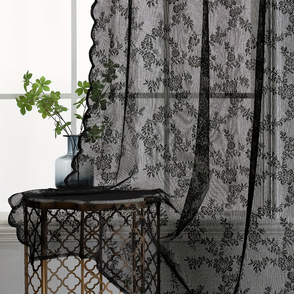Two-Panel Floral Lace Window Curtain Set with Rod-Pocket Top, Three Colors and Six Metric Size Options